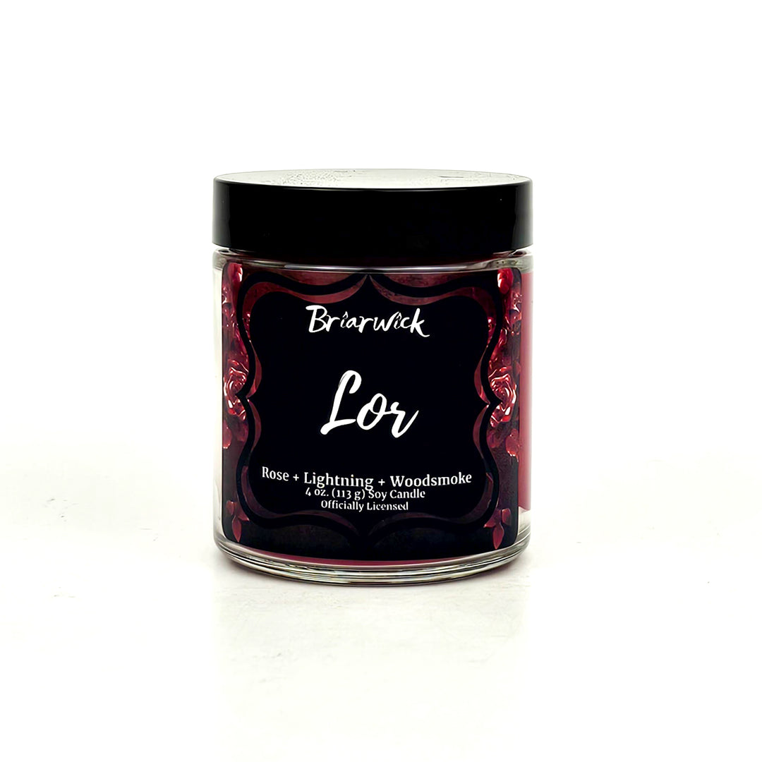 a jar of lor on a white surface