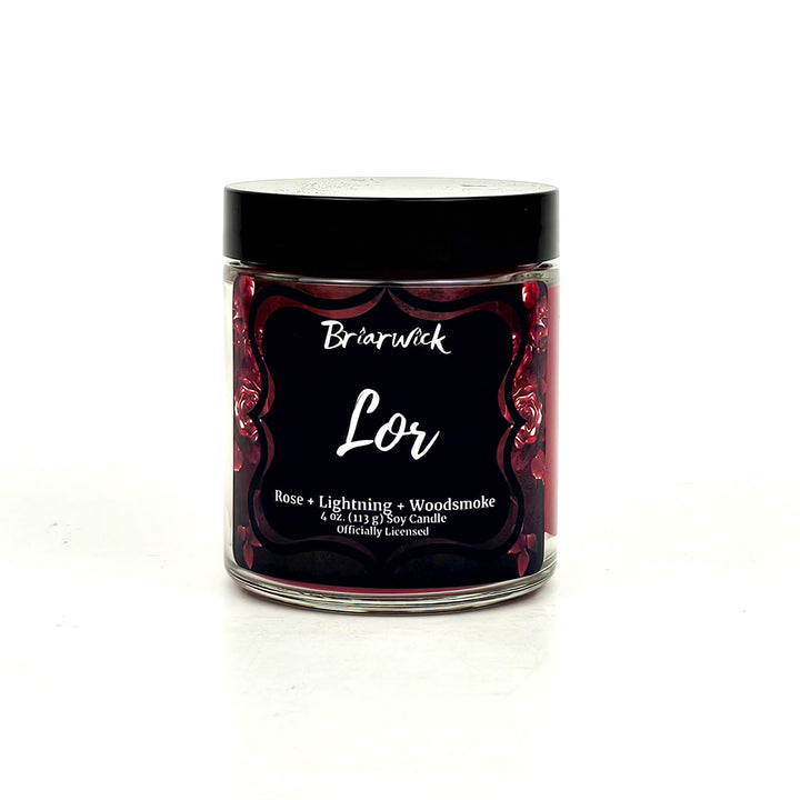 a jar of lor on a white surface