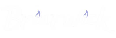 White Briarwick Logo with Purple Flames as the dots for the I's.