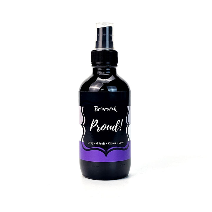 PROUD! 4oz Linen Spray with asexual pride flag on a white background