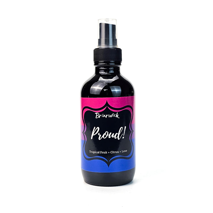 PROUD! 4oz Linen Spray with bisexual pride flag on a white background