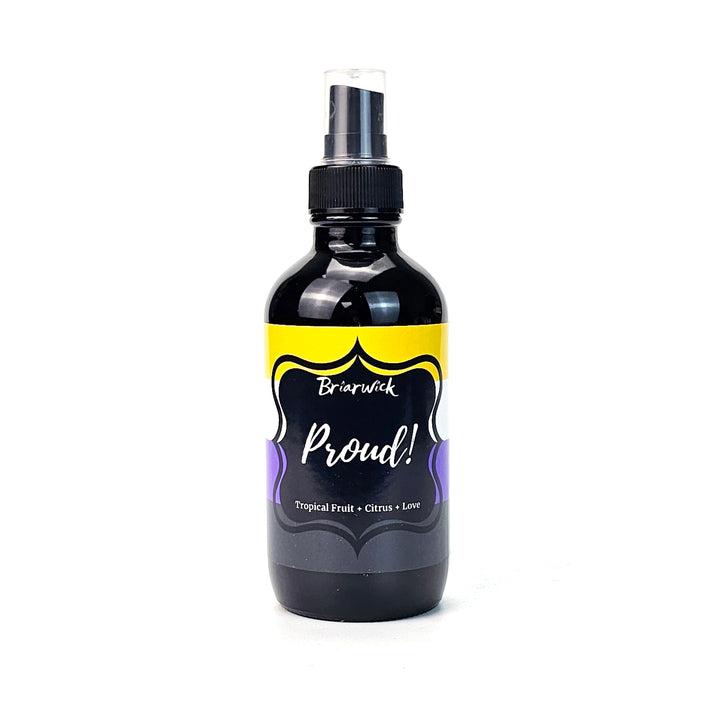 PROUD! 4oz Linen Spray with nonbinary pride flag on a white background