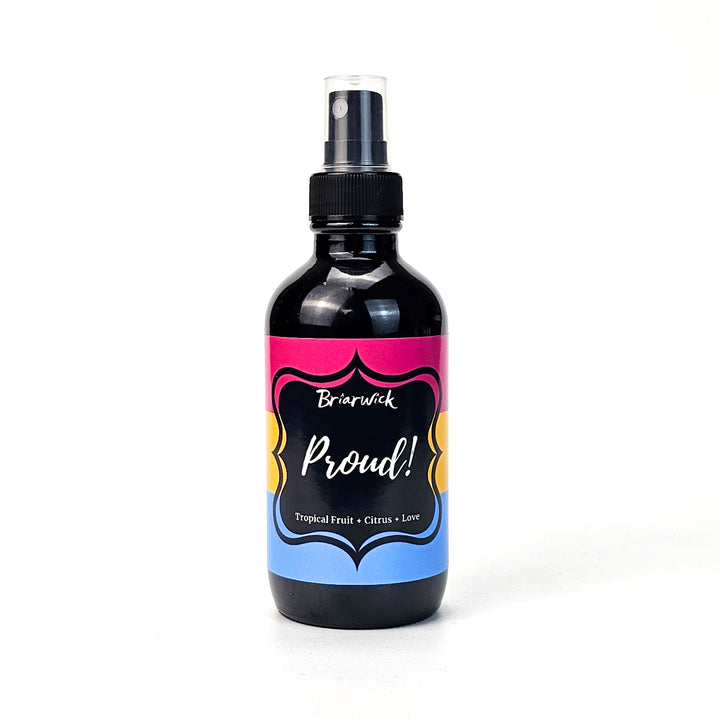 PROUD! 4oz Linen Spray with pansexual pride flag on a white background