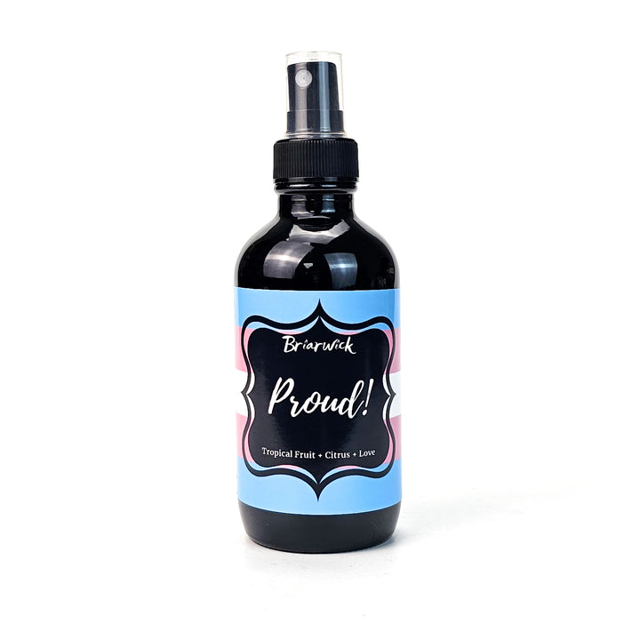 PROUD! 4oz Linen Spray with transgender pride flag on a white background