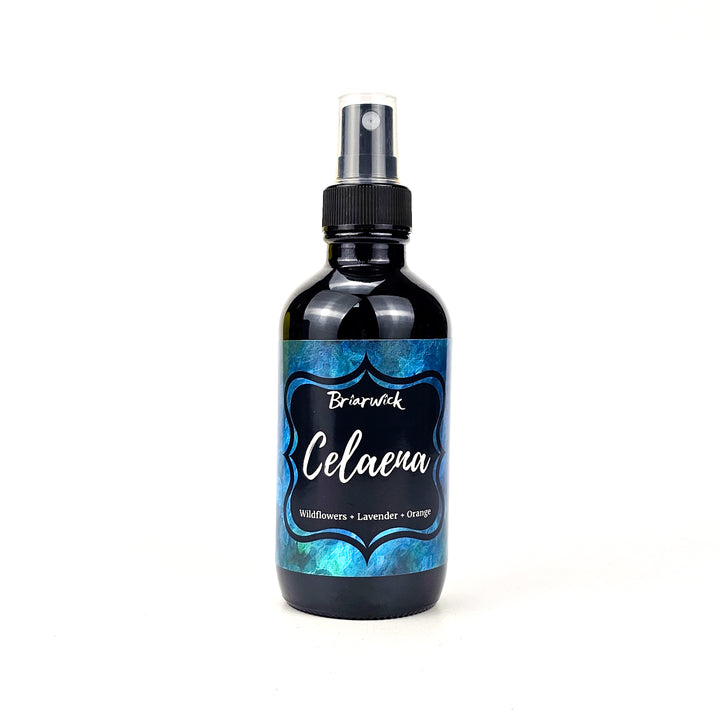 Celaena 4oz Linen Spray with blue textured design on a white background