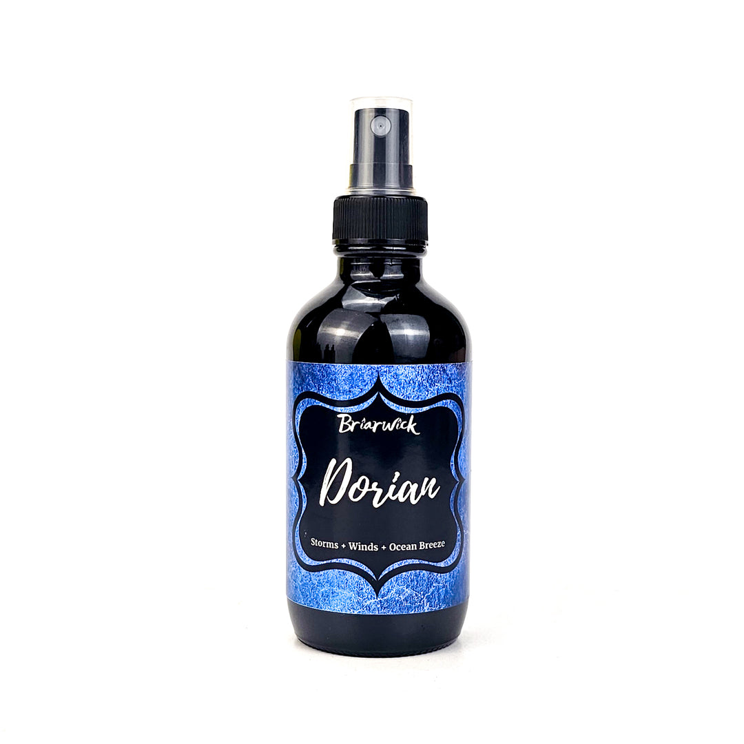 Dorian 4oz Linen Spray with blue textured design on a white background