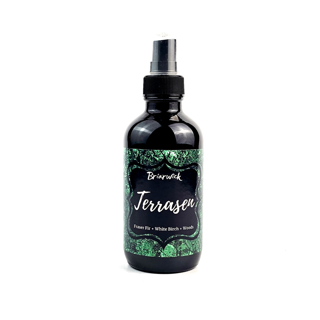 Terrasen 4oz Linen Spray with green textured design on a white background