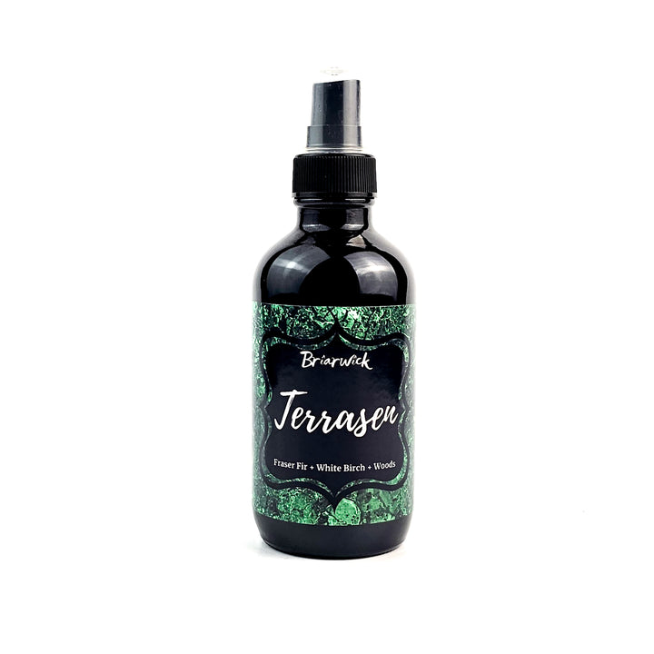 Terrasen 4oz Linen Spray with green textured design on a white background
