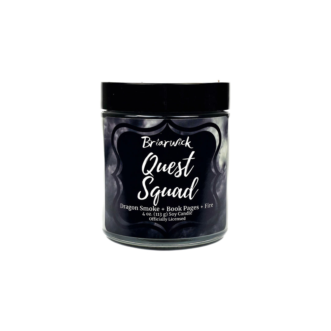 Quest Squad 4oz smoke gray candle with gray smoke design on a white background