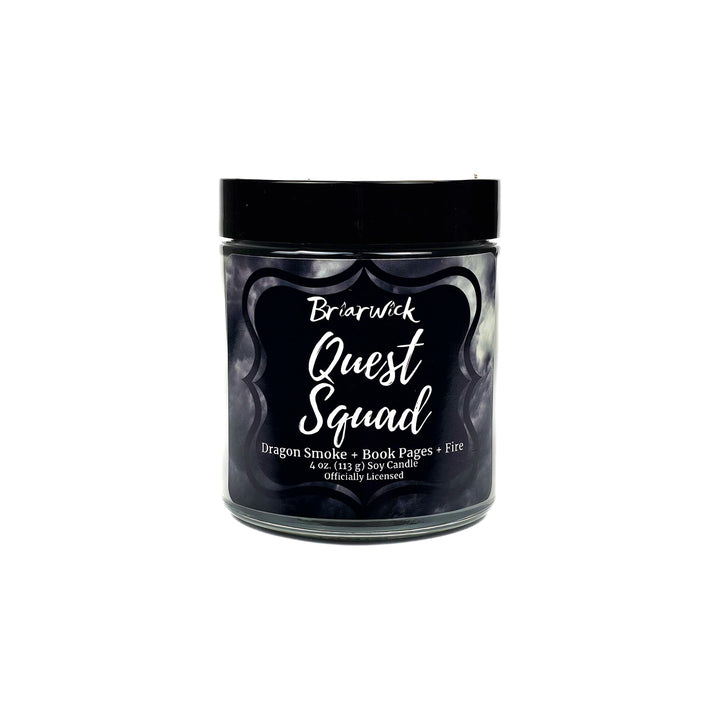 Quest Squad 4oz smoke gray candle with gray smoke design on a white background