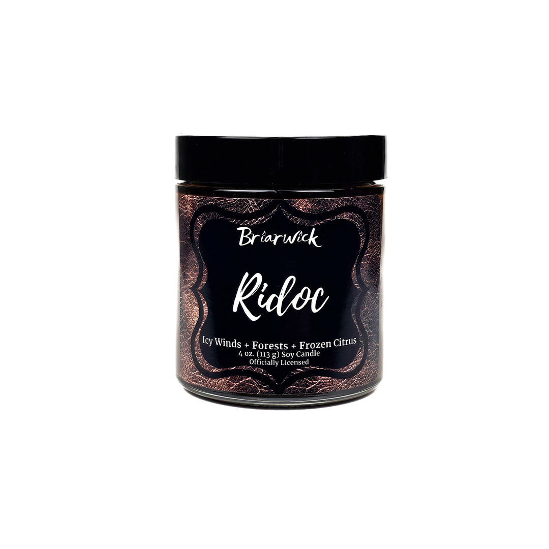 Ridoc Gamlyn 4oz espresso candle with brown leather design on a white background