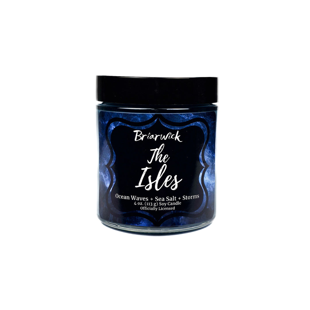 The Isles 4oz Oxford blue candle with blue smoke design on a white background