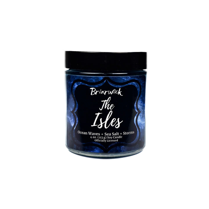 The Isles 4oz Oxford blue candle with blue smoke design on a white background