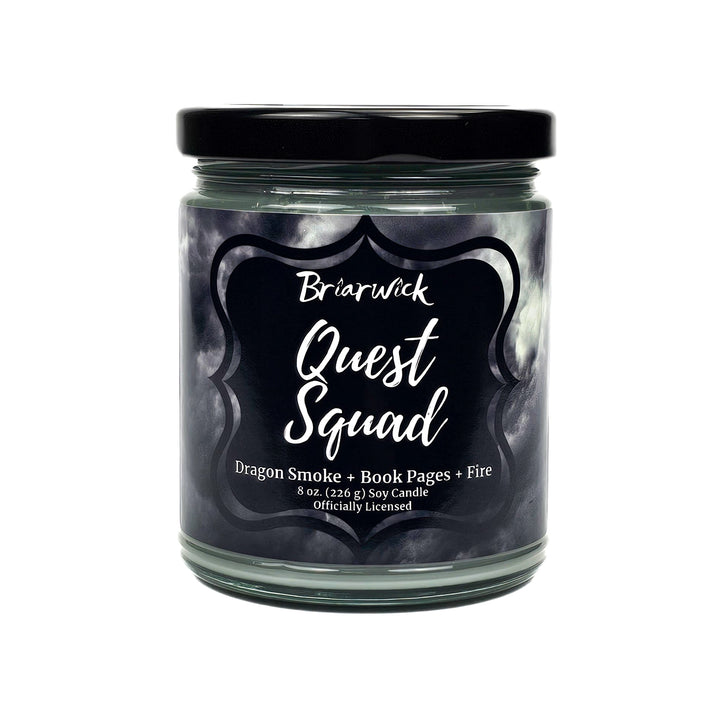 Quest Squad 8oz smoke gray candle with gray smoke design on a white background