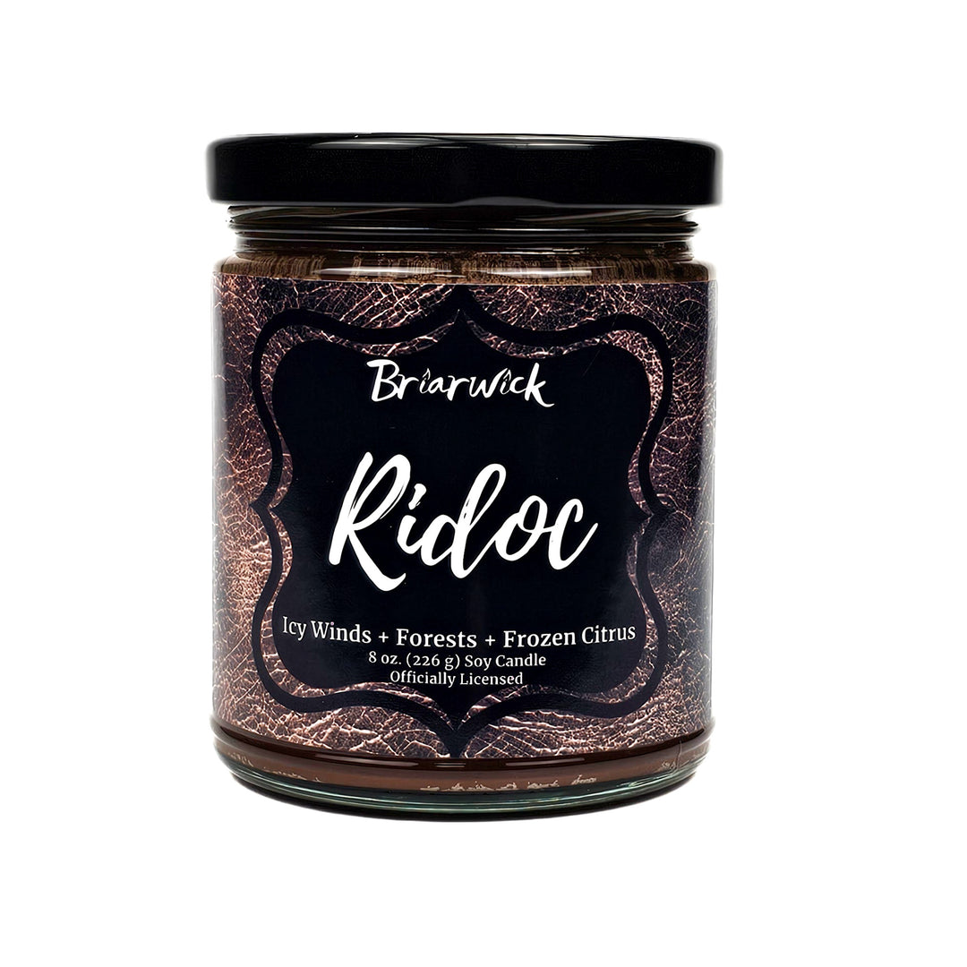 Ridoc Gamlyn 8oz espresso candle with brown leather design on a white background
