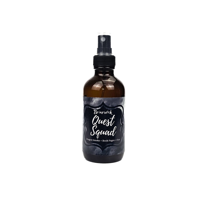 Quest Squad 4oz Linen Spray with gray smoke design on a white background.