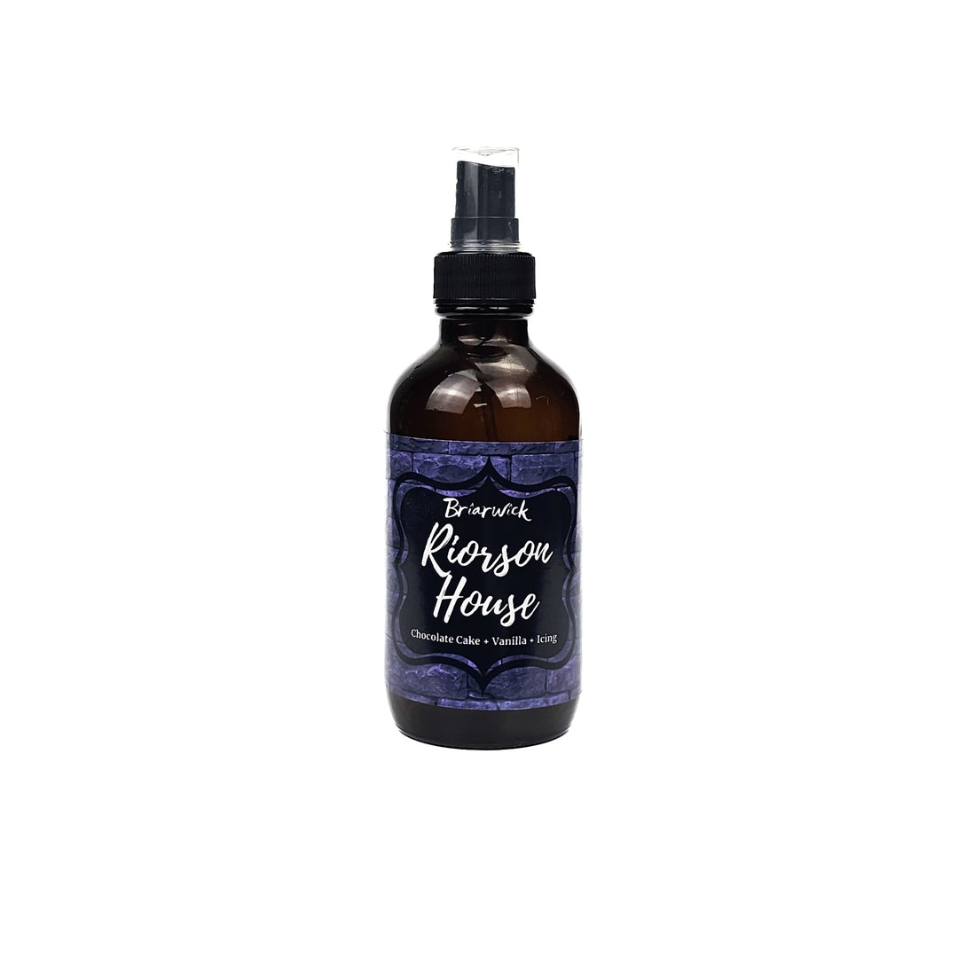 Riorson House 4oz Linen Spray with purple brick design on a white background