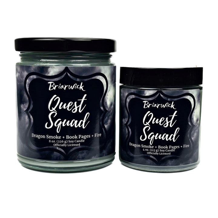 Quest Squad 8oz & 4oz smoke gray candles with gray smoke designs on a white background