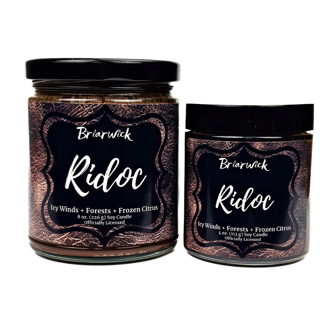 Ridoc Gamlyn 8oz & 4oz espresso candle with brown leather design on a white background