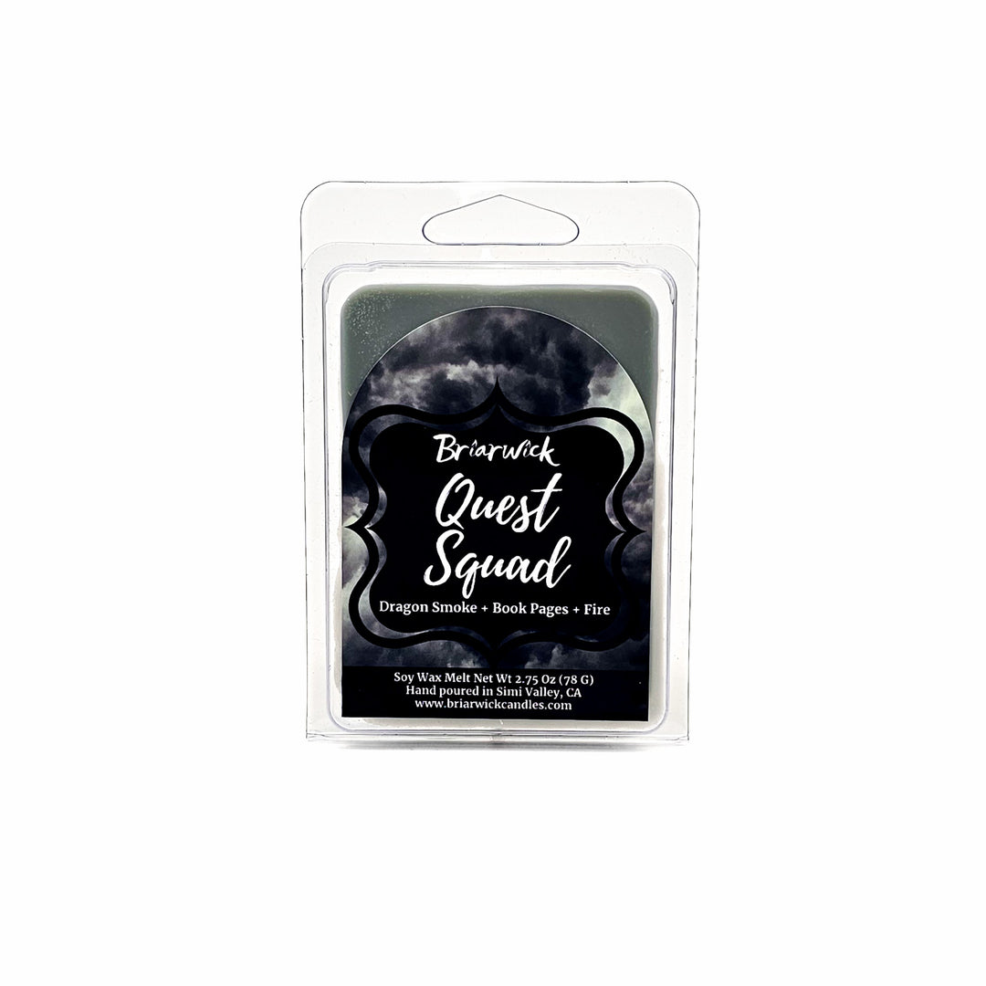 Quest Squad 2oz smoke gray Wax Melt with gray smoke design on a white background