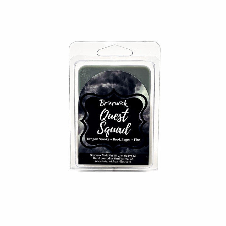 Quest Squad 2oz smoke gray Wax Melt with gray smoke design on a white background