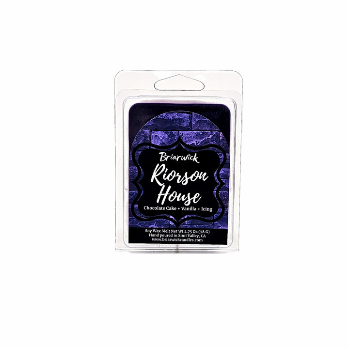 Riorson House 2oz eggplant Wax Melt with purple brick design on a white background