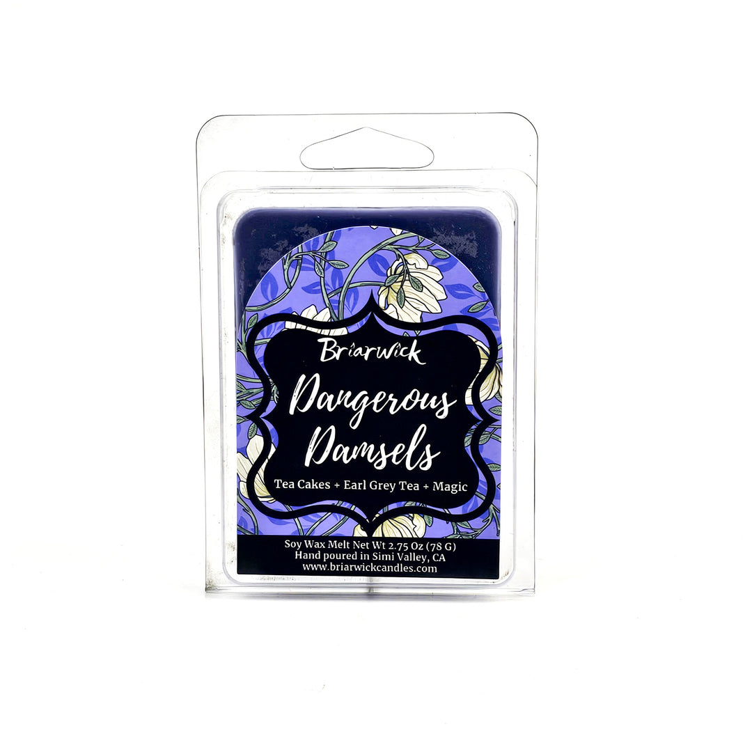 purple wax melt with floral label called Dangerous Damsels on a white background