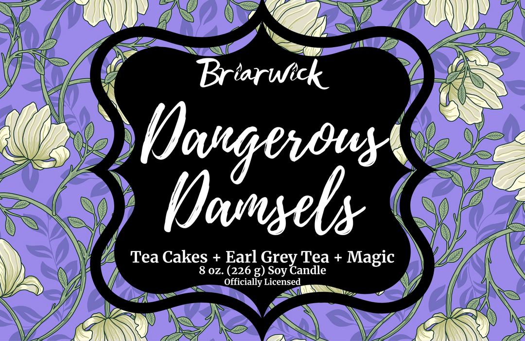 floral purple candle label with name Dangerous Damsels