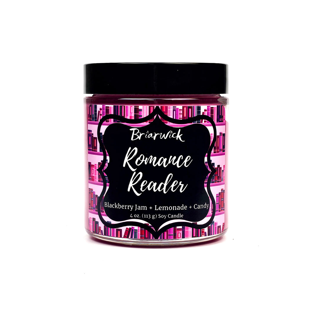 Romance Reader 4oz fuchsia candle with pink bookshelf design on a white background