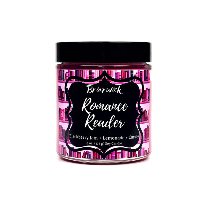 Romance Reader 4oz fuchsia candle with pink bookshelf design on a white background