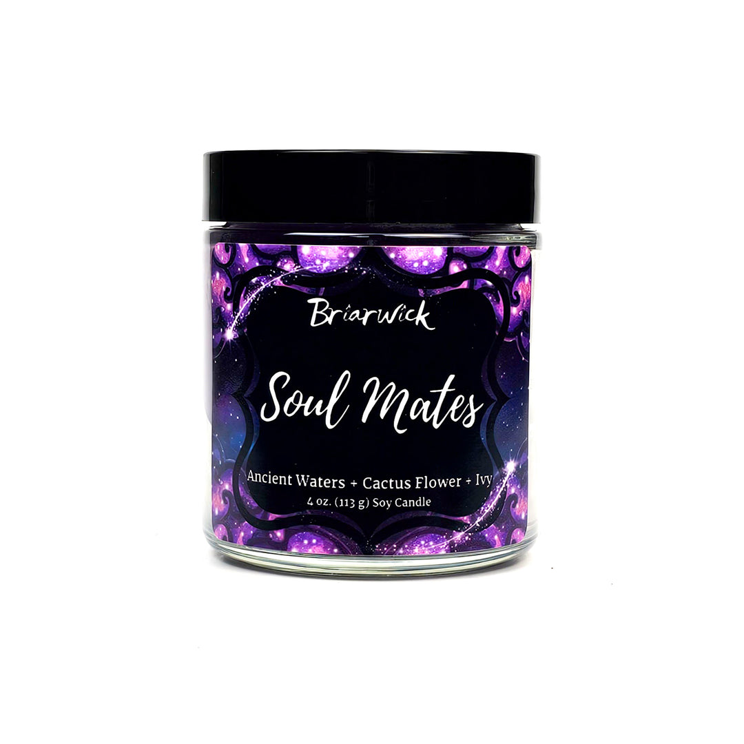 Soul Mates 4oz periwinkle candle with purple galaxy design on a white background