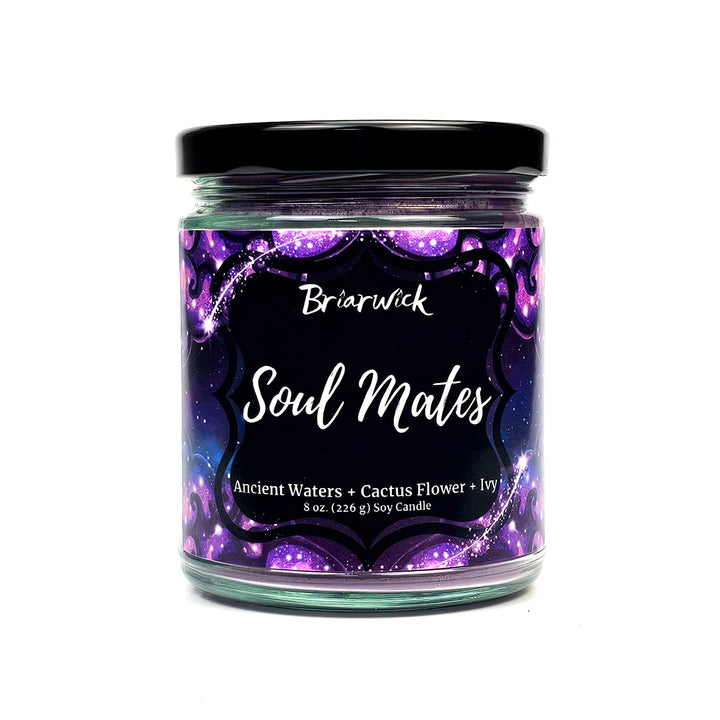 Soul Mates 8oz periwinkle candle with purple galaxy design on a white background