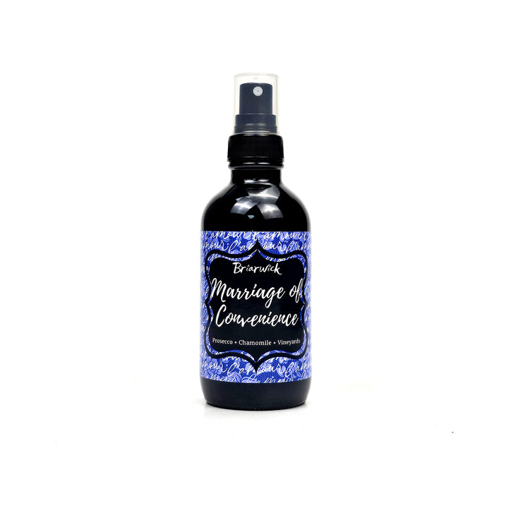 Marriage of Convenience 4oz Linen Spray with purple handwriting design on a white background