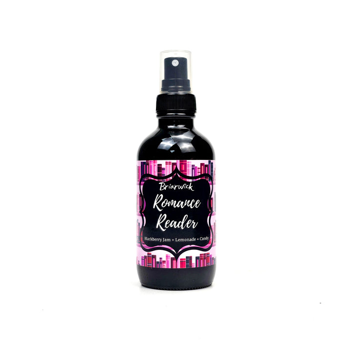 Romance Reader 4oz Linen Spray with pink bookshelf design on a white background