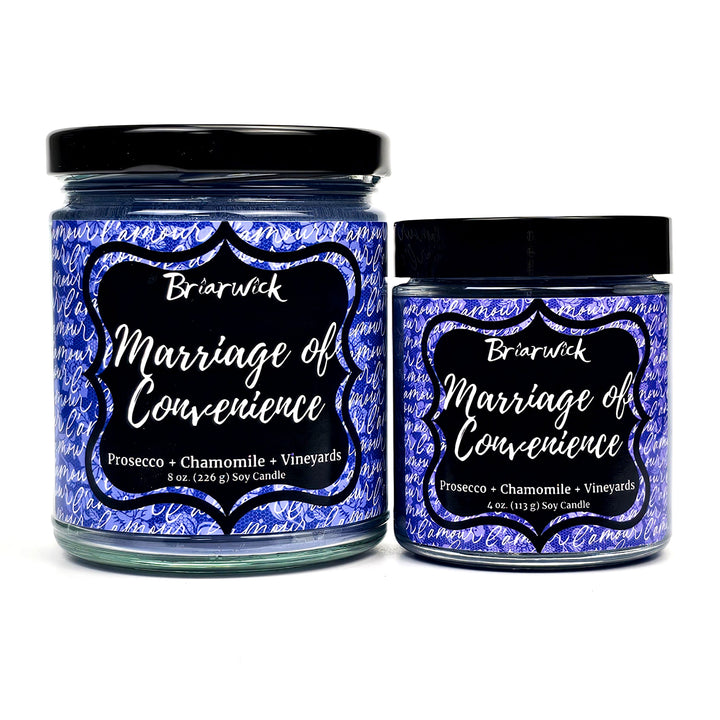 Marriage of Convenience 8oz & 4oz purple candles with purple handwriting designs on a white background