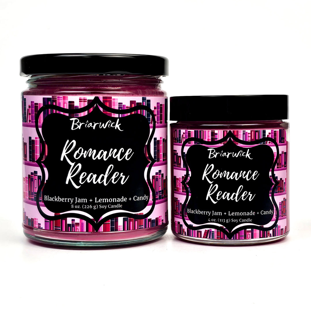 Romance Reader 8oz & 4oz fuchsia candles with pink bookshelf designs on a white background
