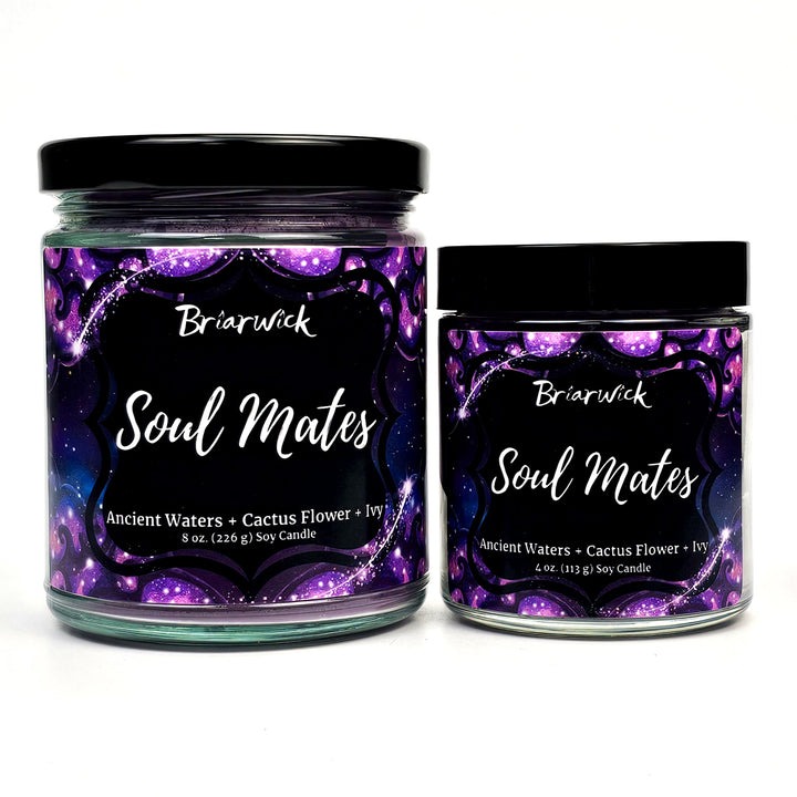Soul Mates 8oz & 4oz periwinkle candles with purple galaxy designs on a white background