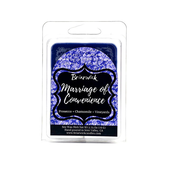 Marriage of Convenience 2oz purple Wax Melt with purple handwriting design on a white background