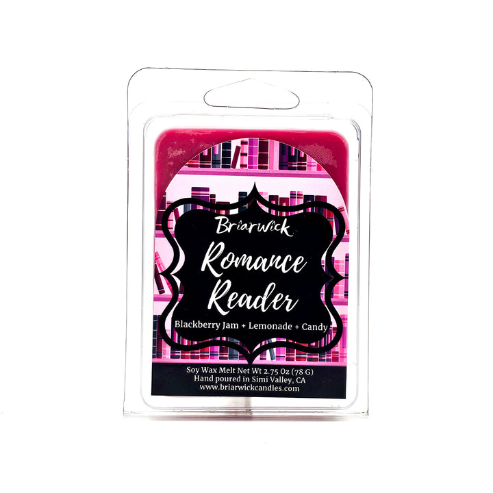 Romance Reader 2oz fuchsia Wax Melt with pink bookshelf design on a white background