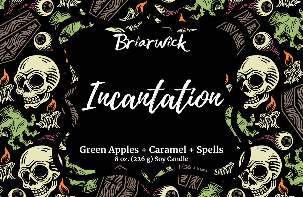 Incantation label with a witchy skull pattern