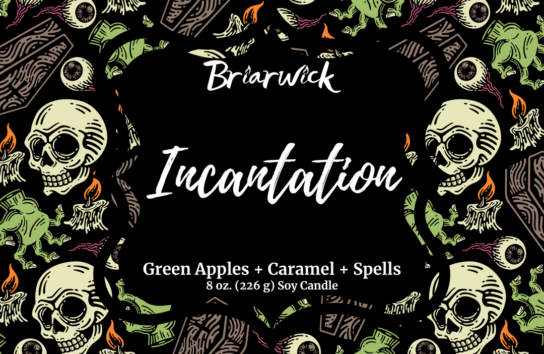 Incantation label with a witchy skull pattern