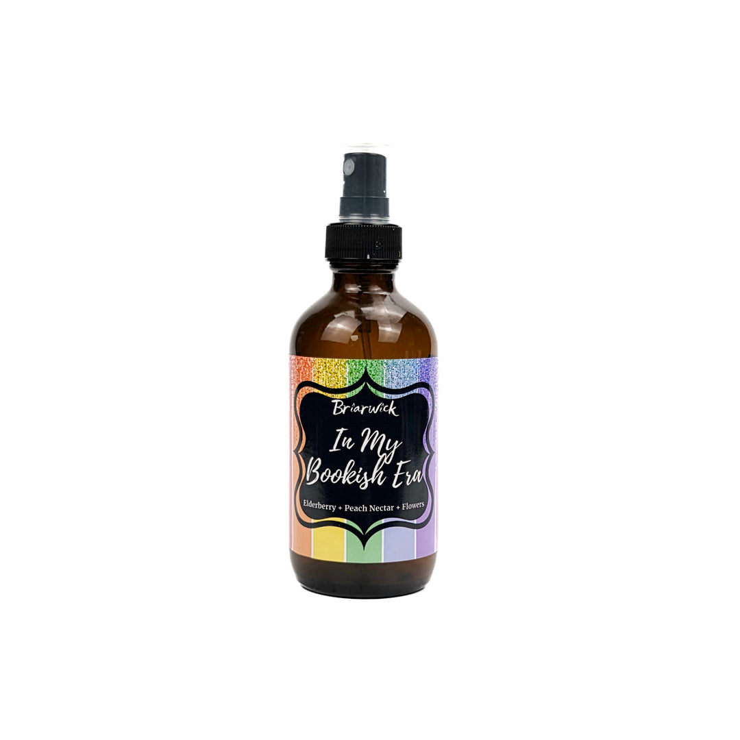 In My Bookish Era 4oz Linen Spray with sparkly rainbow design on a white background