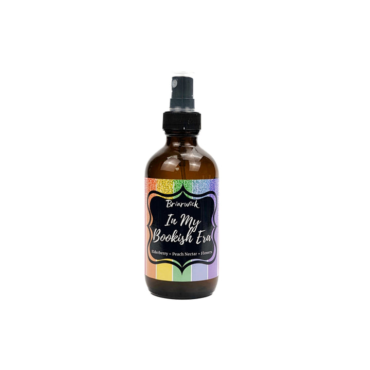 In My Bookish Era 4oz Linen Spray with sparkly rainbow design on a white background