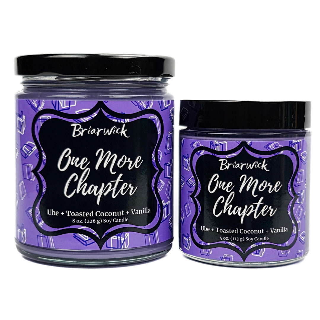 One More Chapter 8oz & 4oz lavender candles with purple book designs on a white background