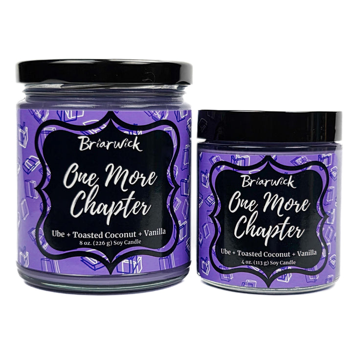 One More Chapter 8oz & 4oz lavender candles with purple book designs on a white background