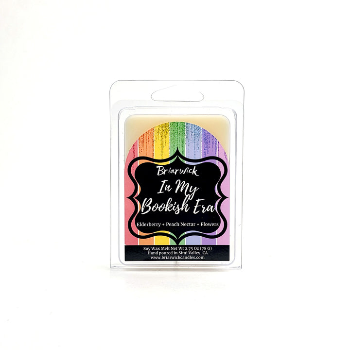 In My Bookish Era 2oz white Wax Melt with sparkly rainbow design on a white background