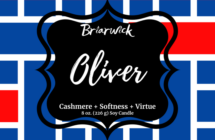 a black and white label with a red, white, and blue background