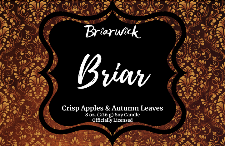 Briar candle label with yellow ornamental design