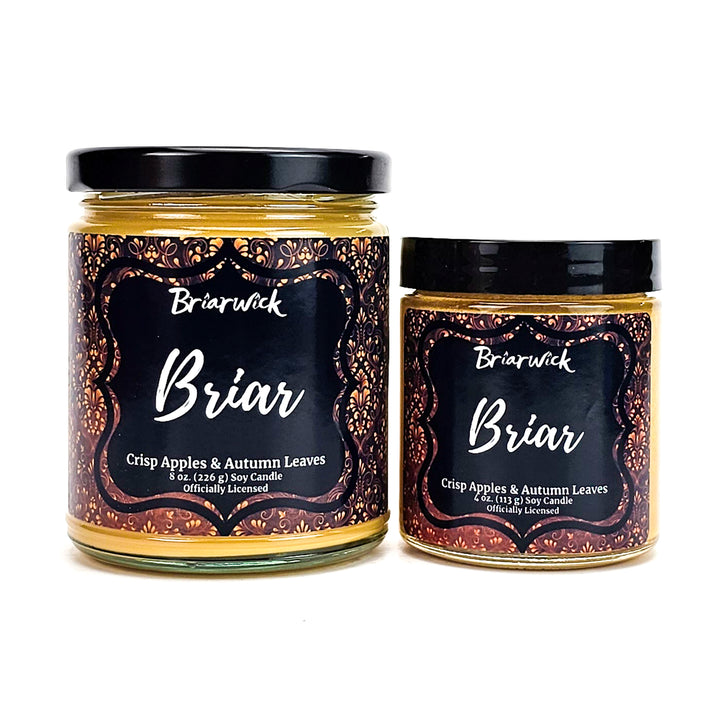 Briar 8oz and 4oz custard colored candles with yellow ornamental design on a white background
