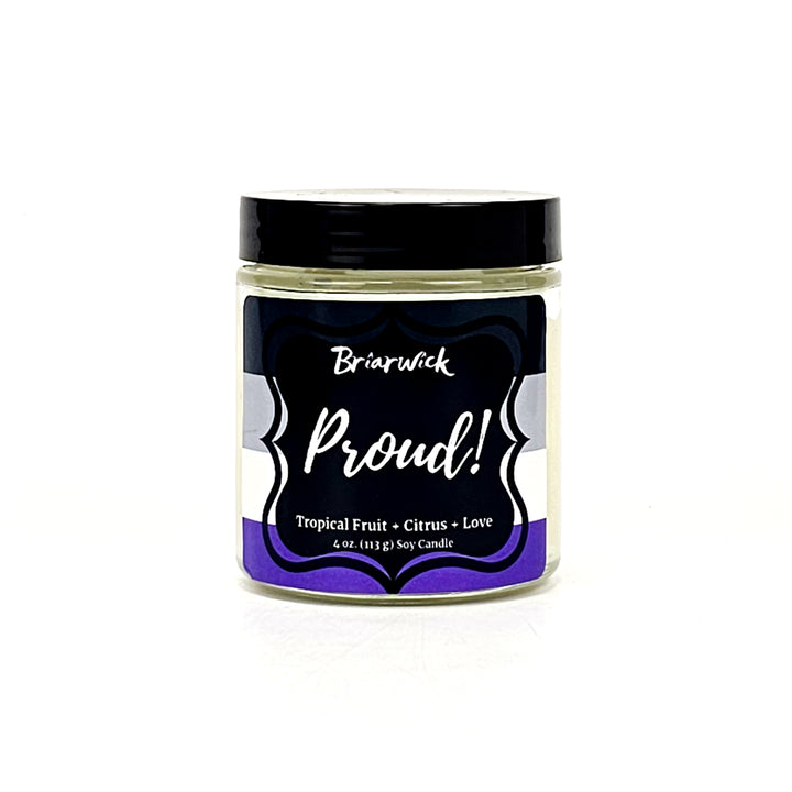 PROUD! 4oz white candle with asexual pride flag on a white background